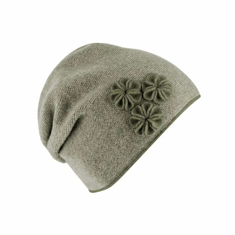 Beanie Wool Flowers Olive Green