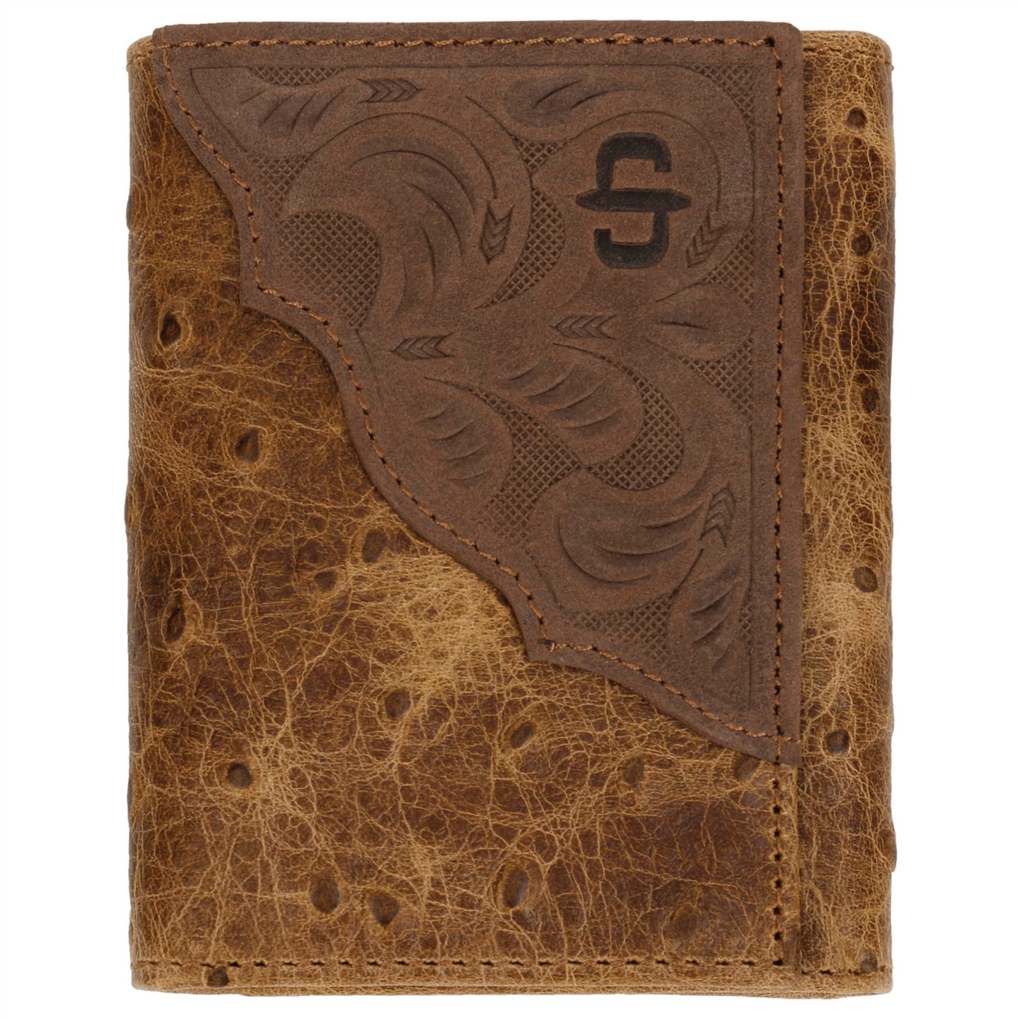 Ostrich Embossed Leather Tri-fold Wallet