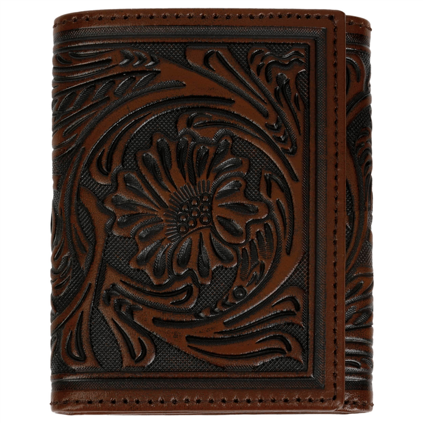 Tooled Leather Tri-fold Wallet Brown