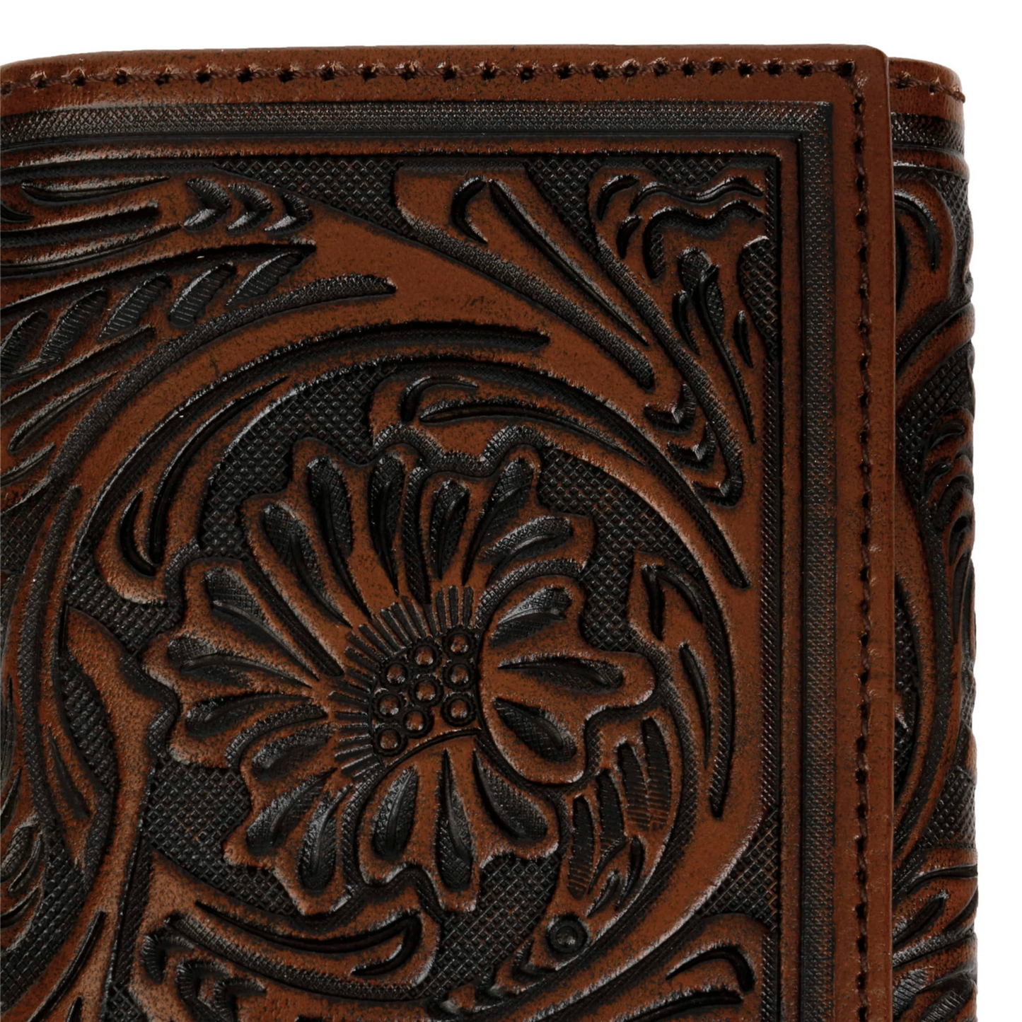 Tooled Leather Tri-fold Wallet Brown