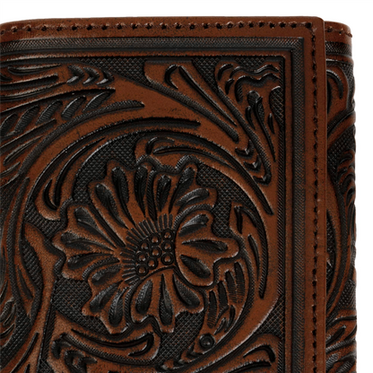 Tooled Leather Tri-fold Wallet Brown