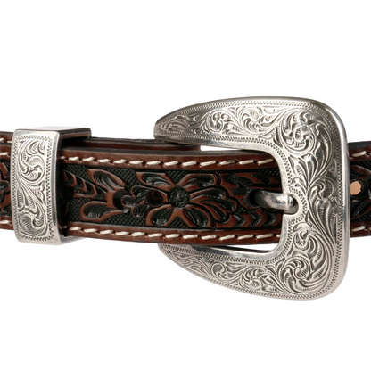 Hair-on-Hide Tooled Leather Belt Brown