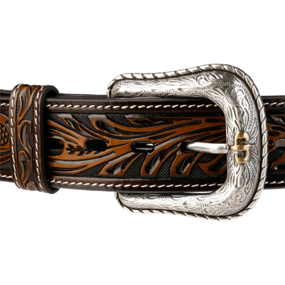Hair-on-Hide Tooled Leather Belt Brown