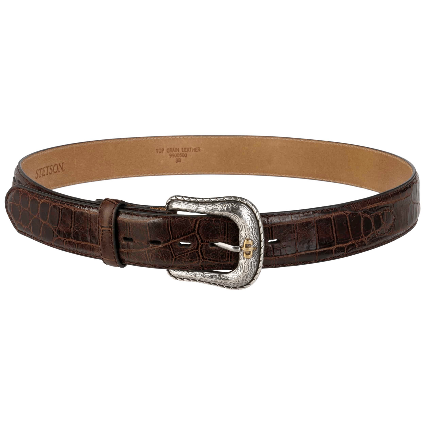 Hair-on-Hide Tooled Leather Belt Brown