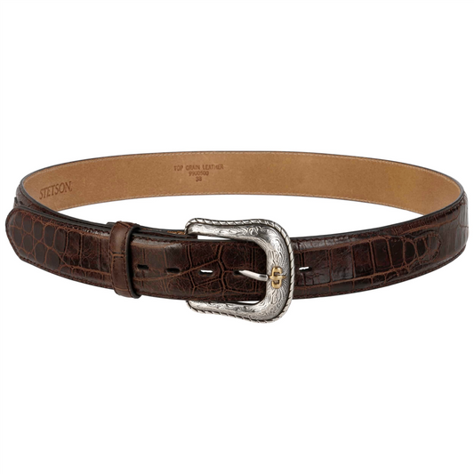 Hair-on-Hide Tooled Leather Belt Brown