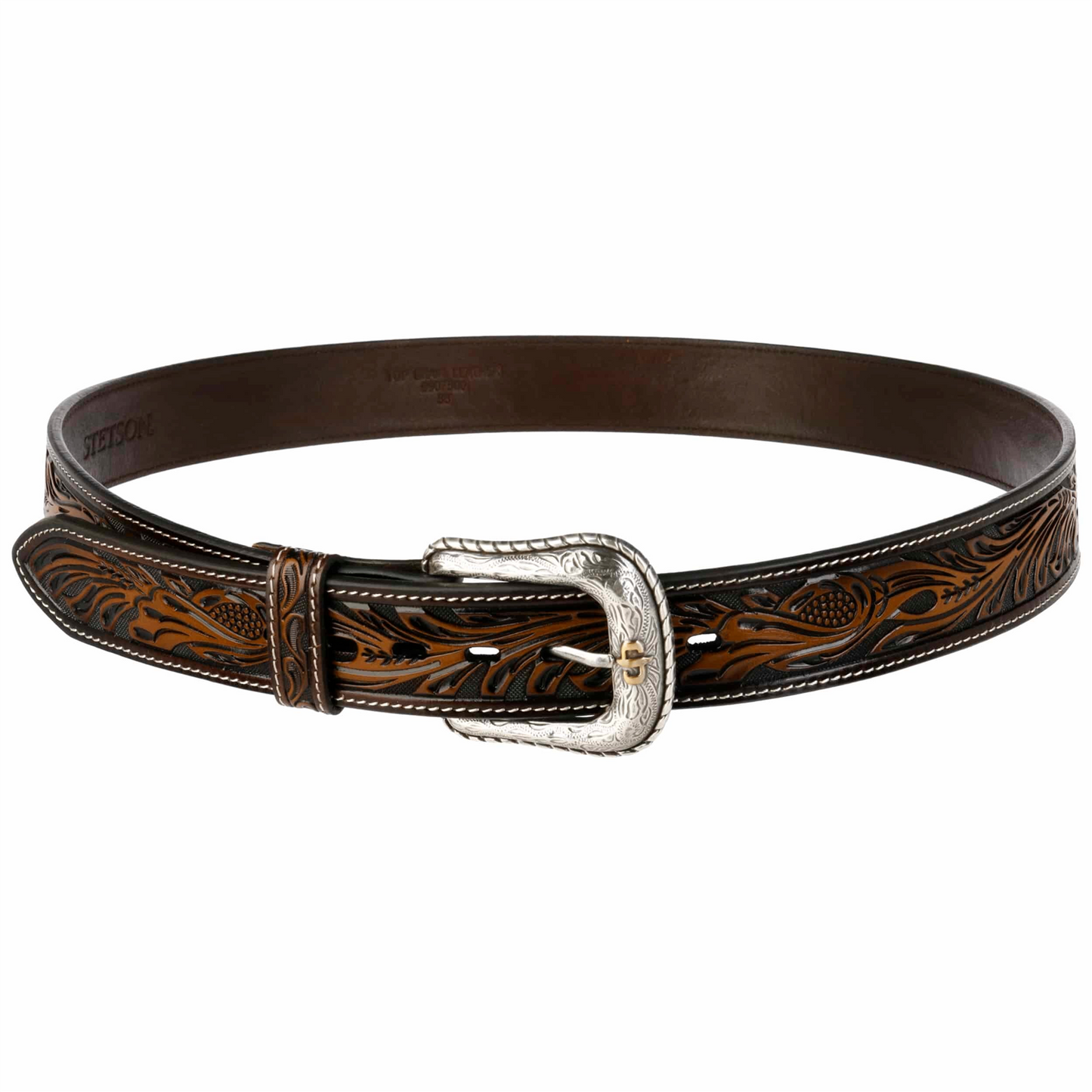 Hair-on-Hide Tooled Leather Belt Brown
