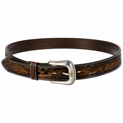Hair-on-Hide Tooled Leather Belt Brown