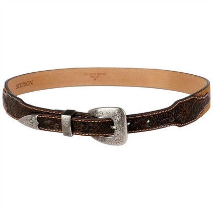 Hair-on-Hide Tooled Leather Belt Brown
