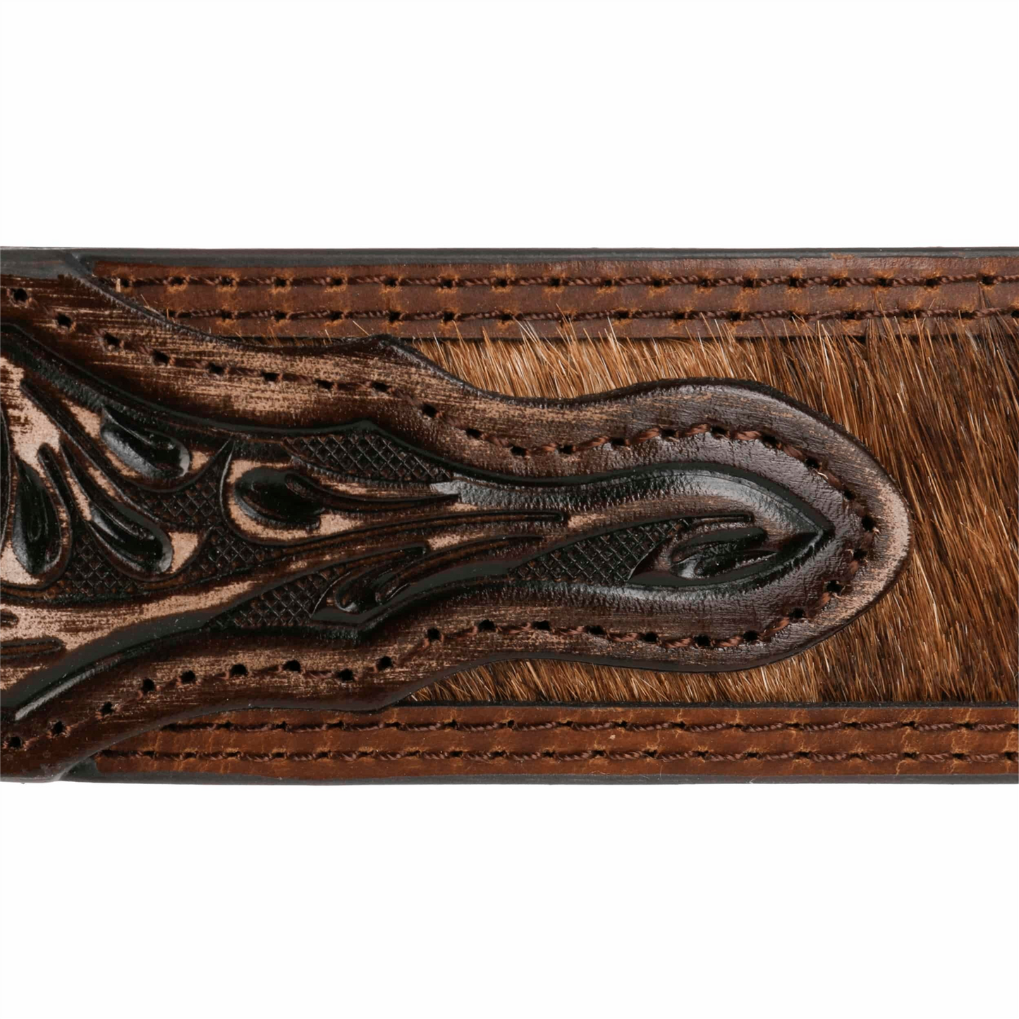 Hair-on-Hide Tooled Leather Belt Brown