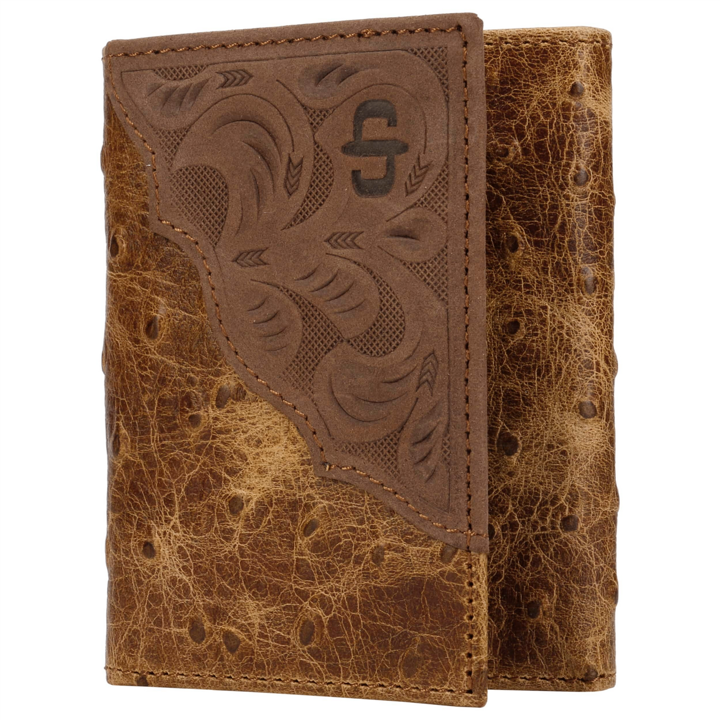 Ostrich Embossed Leather Tri-fold Wallet