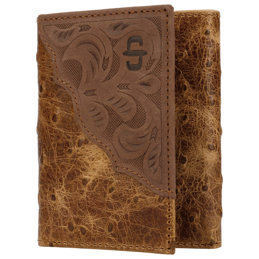 Ostrich Embossed Leather Tri-fold Wallet