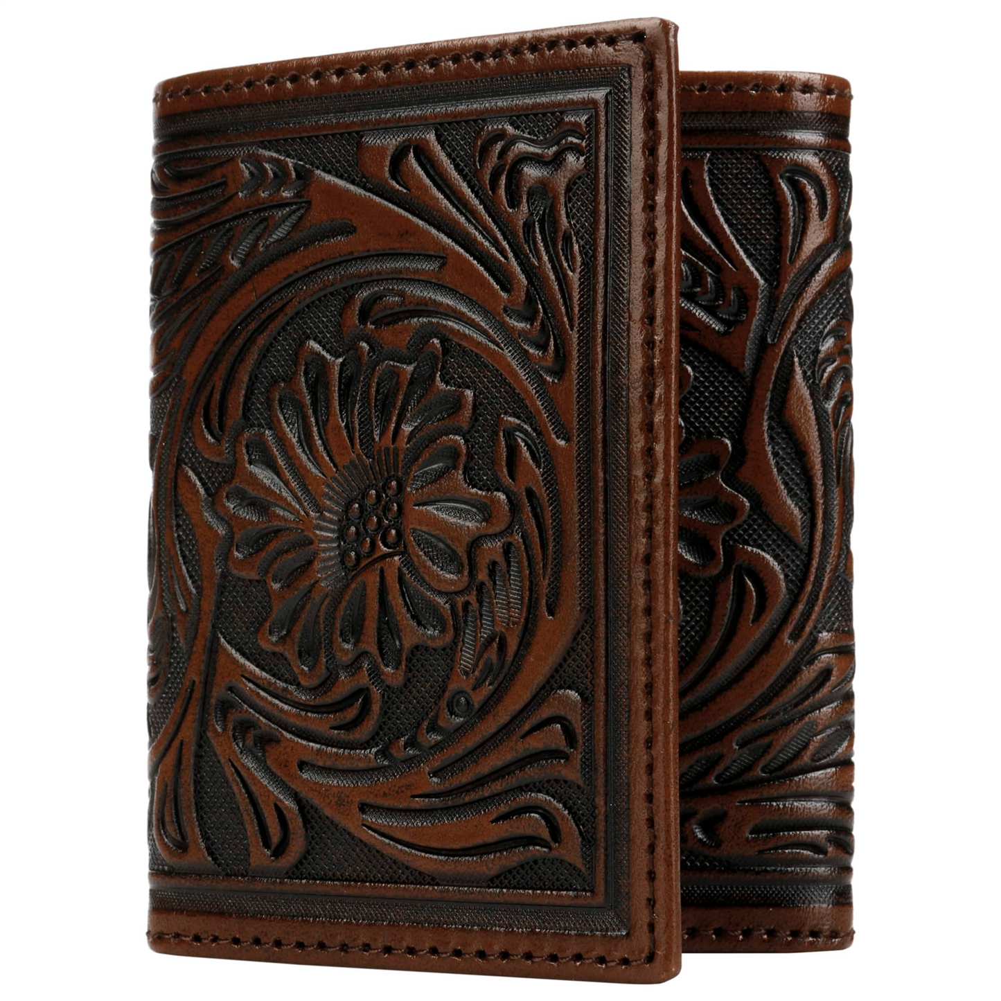 Tooled Leather Tri-fold Wallet Brown