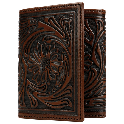 Tooled Leather Tri-fold Wallet Brown