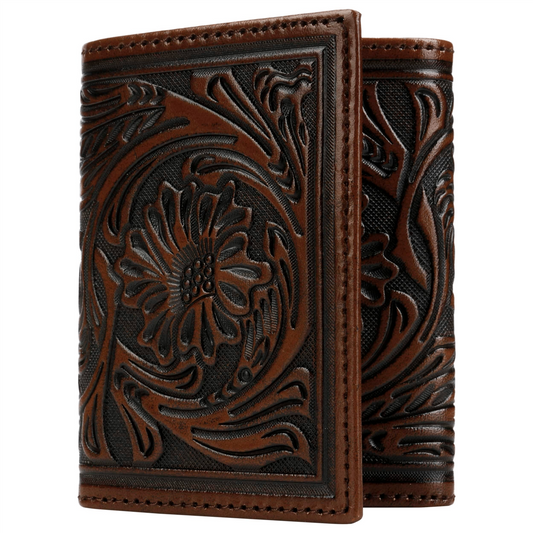 Tooled Leather Tri-fold Wallet Brown