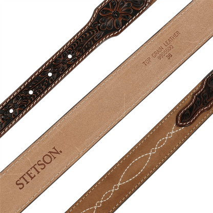 Hair-on-Hide Tooled Leather Belt Brown