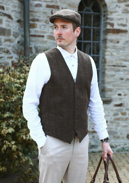 Vest i Shetland Wool Herringbone Brown