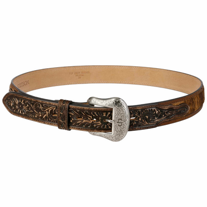 Hair-on-Hide Tooled Leather Belt Brown