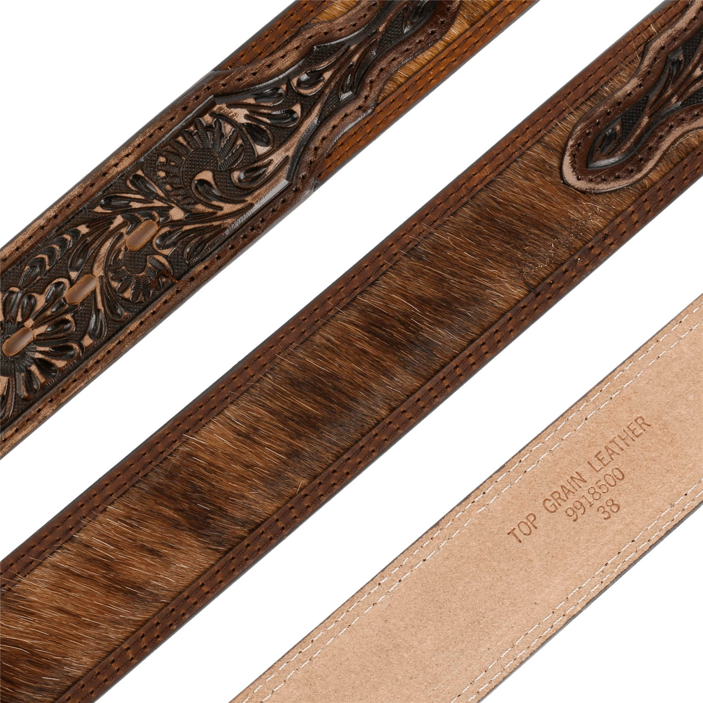 Hair-on-Hide Tooled Leather Belt Brown
