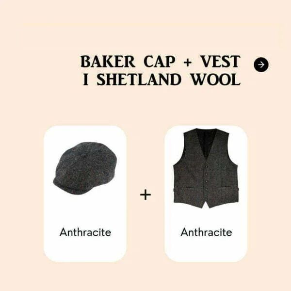 Baker Boy Cap + Vest i Shetland Wool Anthracite - Fiebig, Herre, Hattebutikken.no