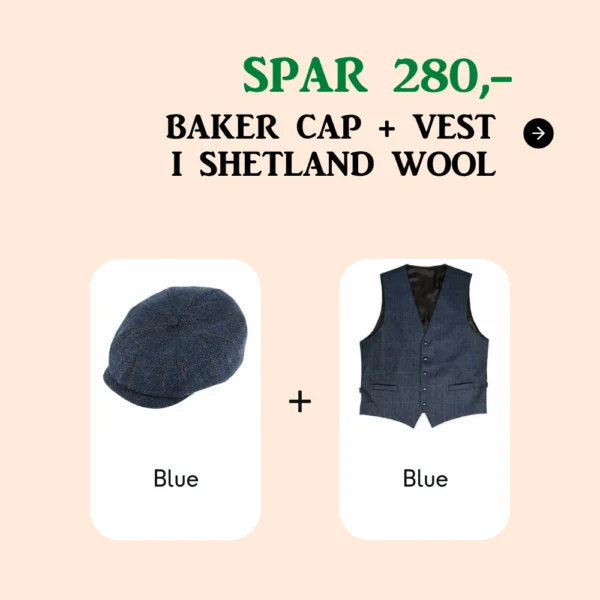Baker Boy Cap + Vest i Shetland Wool Blue - , Pakkepris, Hattebutikken.no