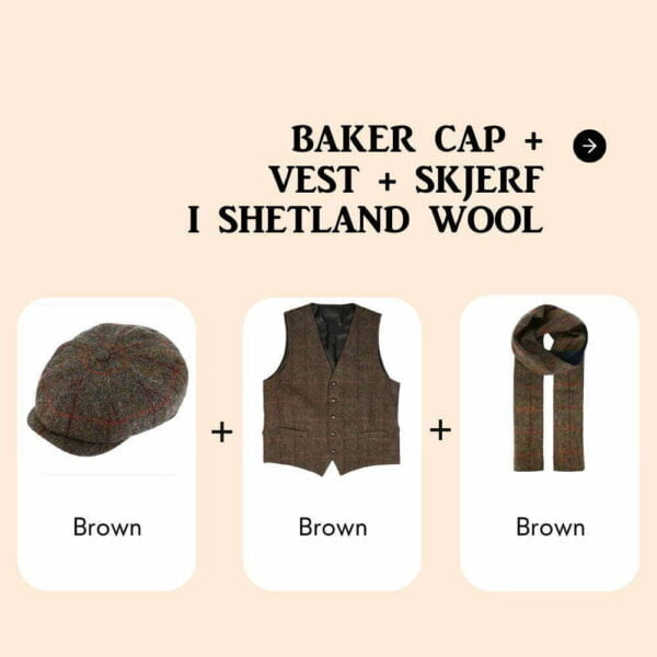 Baker Boy Cap + Vest + Skjerf i Shetland Wool - Fiebig, Pakkepris, Hattebutikken.no