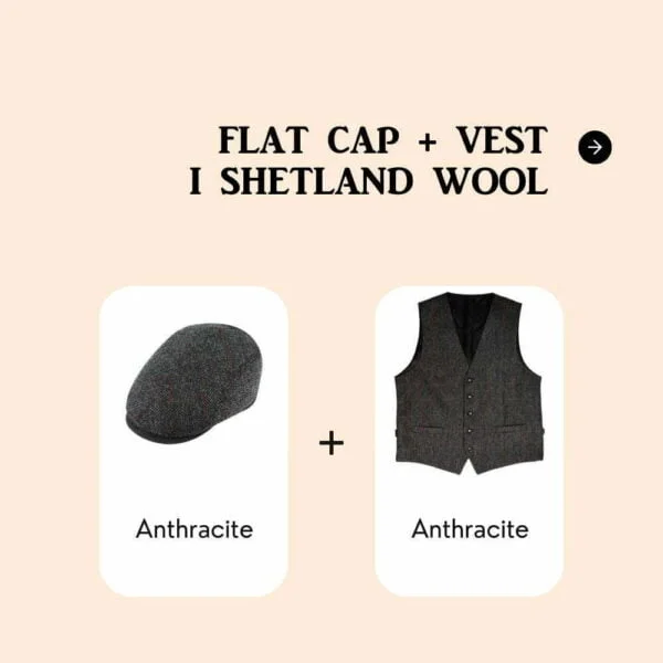 Flat Cap + Vest i Shetland Wool - Fiebig, Pakkepris, Hattebutikken.no
